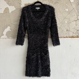 Vtg Eyelash Sweater Dress Fuzzy Boucle Knit Long Sleeve Scoop Neck Women M Indie